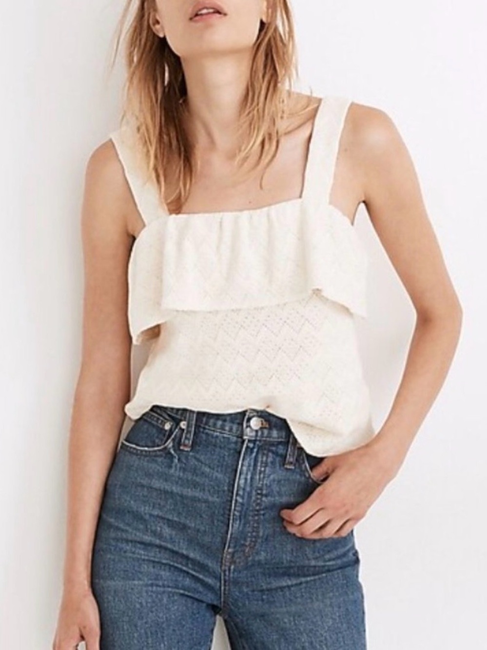 Madewell Cream Ruffle Tank Top Sleeveless Square Neck Cotton Size M